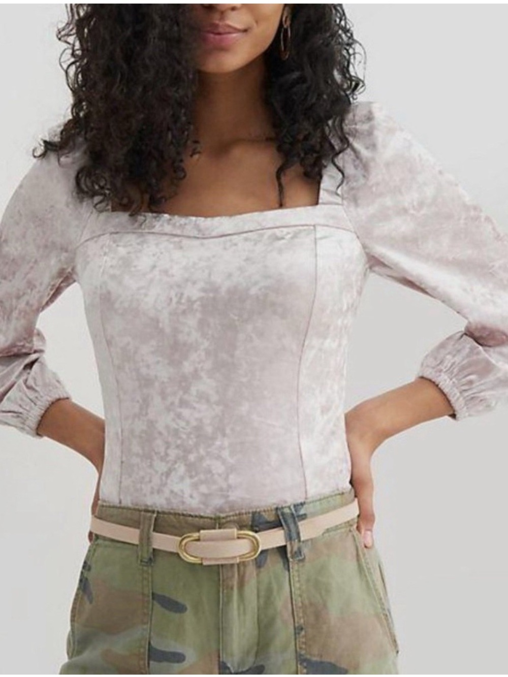 Anthropologie Crushed Velvet Blush Pink Square-Neck Puff Sleeve Top